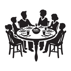 Family dinner around table vector silhouette outline logo design concept illustration