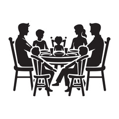 Family dinner around table vector silhouette outline logo design concept illustration