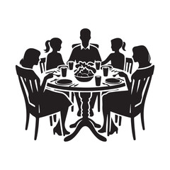 Family dinner around table vector silhouette outline logo design concept illustration