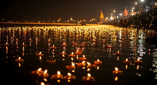 Floating Oil Lamps (Diyas) on the Ganges River with Bokeh Lights of Varanasi in Background