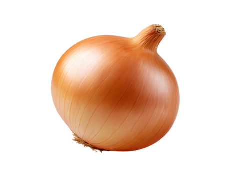 A whole raw yellow onion with its golden, papery skin. A versatile kitchen staple, its sweet flavor is the foundation for countless recipes worldwide.