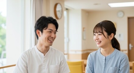 Obraz premium 介護士や看護師が高齢者施設や病院で楽しそうに働いている