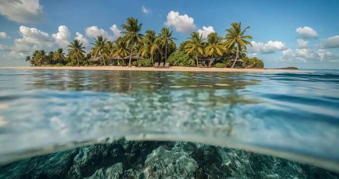Camera bobbing revealing sandy beach lagoon under clouds, with palm trees above and reef fish below