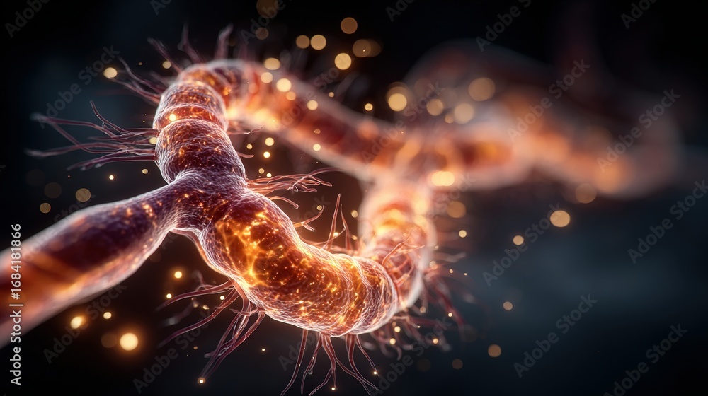 Poster microscopic view of a pathogen or virus with glowing particles around it.