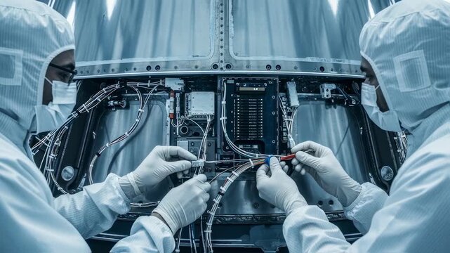 Closeup of technicians in cleanroom suits connecting intricate wiring on a rocket stage inside a sterile integration bay.