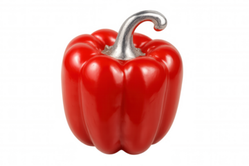 Metallic-stemmed red bell pepper gleaming against transparent backdrop, highlighting culinary freshness and vegetable texture