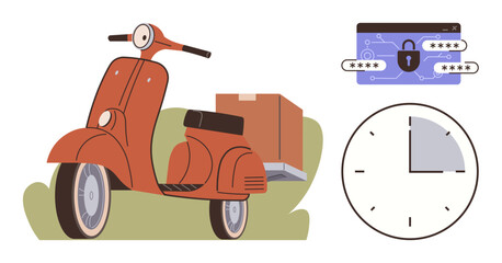 Red scooter carrying delivery package, password interface for digital security, and clock symbolizing time management. Ideal for delivery, logistics, e-commerce, technology, punctuality, automation