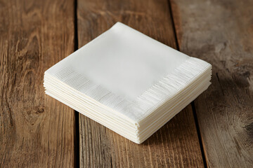 Fototapeta premium Clean presentation of a stack of white napkins placed on a rustic wood table surface