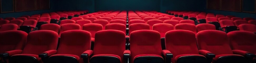 Obraz premium Empty Plush Red Velvet Theater Seats Await the Audience in a Dimly Lit Auditorium, Ready for a Performance. Perfect for staging, arts, and design concepts.
