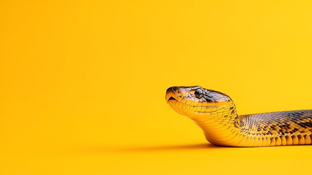 Close up of a cobra head against a vibrant yellow background