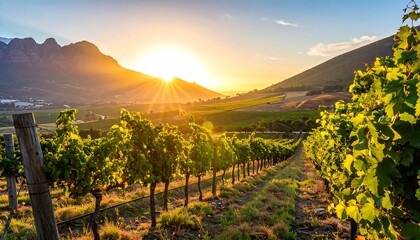 Panoramic vineyard landscape at sunset. Lush green vines stretch across a valley as the sun sets over the mountains