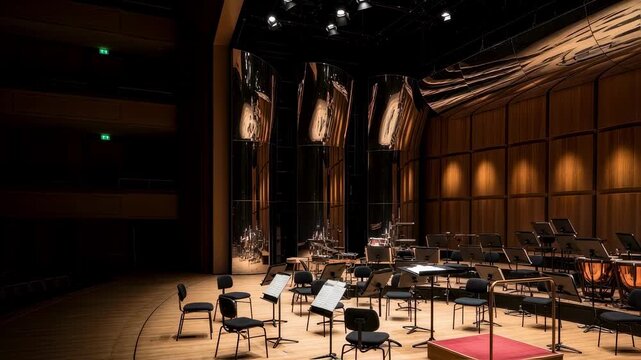 Evening shot of a symphony hall stage fully equipped with polished acoustic shells ready to amplify orchestral performances with superior sound quality.