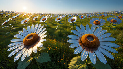 Chrome Sunflower Field: Cute Metallic Flowers Wallpaper, Sunrise Scene, Digital Art