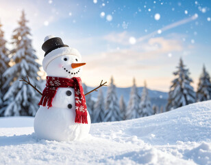 Obraz premium A happy snowman wearing a top hat and red scarf with snow falling in the background