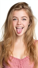 A confident woman smiling with her tongue out, showing off her unique, playful style.