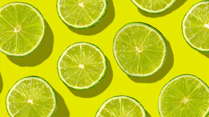Fototapeta premium Fresh lime slices arranged on a bright yellow background