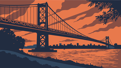 Suspension Bridge at Sunset Cityscape Silhouette Vector Illustration.