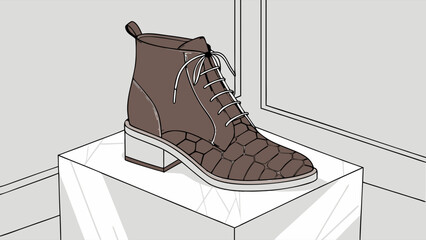 A stylish brown boot on a display pedestal.
