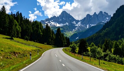 Naklejka premium Winding mountain road through lush green valley