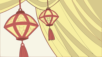 Festive Hanging Lanterns with Draped Fabric Background Asian Style Illustration Celebration Decor Party Decoration Holiday Design Event Decor Hanging Lights Red and Yellow Lanterns.