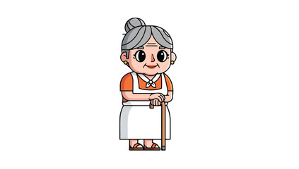 Cartoon illustration of a smiling elderly woman with a cane.