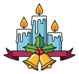 Christmas candles with bells and ribbon holiday decoration.