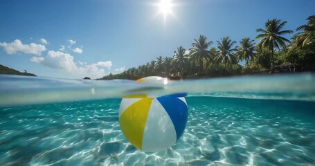 Gentle waves causing multi-colored beach ball bobbing, rotating in turquoise water, palm shoreline - Powered by Adobe