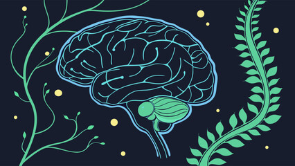 A stylized brain with botanical elements.