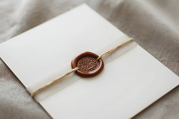 Close-up shot of an elegant invitation card secured with a wax seal and delicate ribbon