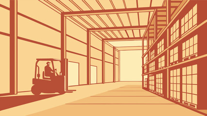 Warehouse Interior with Forklift and High Shelves.