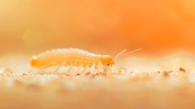 Tiny orange millipede with many legs on a soft textured surface