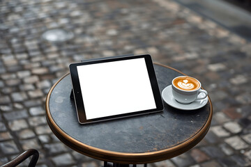 Coffee break with a digital tablet on a rustic table, modern lifestyle and technology