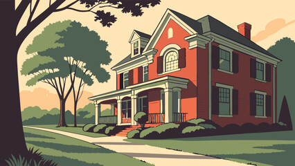 Suburban House Residential Building Home Exterior Tree-lined Driveway Evening Sunset Brick House Illustration Vector Art Real Estate Graphic Home Design Architecture Illustration House with Porch Fam.