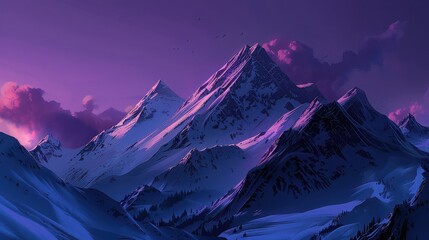 Majestic snow capped mountains under a vibrant purple and blue sky view