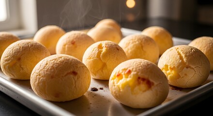 Homemade Pão de Queijo Fresh Out of the Oven on a Baking Sheet, Low Angle.
