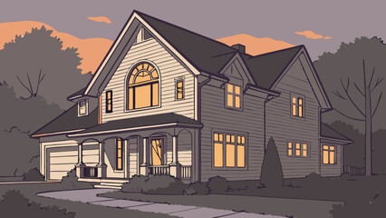 Suburban House at Dusk Family Home Illustration Cozy Evening Scene Residential Building Exterior Home Sweet Home Nighttime View Vector Art House Design Real Estate Image Property Illustration Archite.