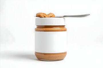 Creamy delight, Jar of scrumptious peanut butter topped with a laden silver spoon on white