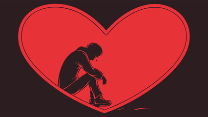 Sad Person Silhouette within a Heart Shape Heartbreak Loneliness Depression Concept Illustration.