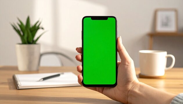 Female hand holding a modern smartphone with a blank green screen for mockups. Business and technology concept with a blurred office desk in the background - Powered by Adobe