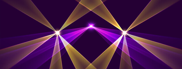 Laser rays or beams, glowing neon lines, bright futuristic background. Motion or speed light effect. Concert or nightclub spotlights. Vector illustration.