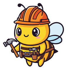 Cartoon bee construction worker with tools and a hard hat.