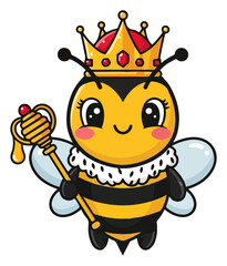 Cartoon queen bee with crown and scepter, smiling happily.