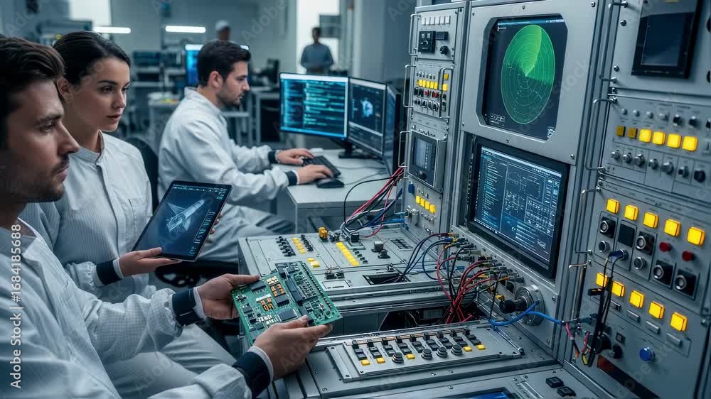 Poster electronic engineers integrating advanced radar and communication modules into ballistic missile con