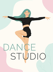 Dance Dancer Woman Fitness Pose – Green Hair, Black Outfit, Pastel Background. Poster – Vector Illustration. EPS