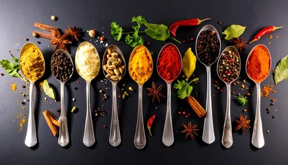 Tableau sur plexiglas Cuisine Assorted spices and herbs in vintage spoons arranged on a dark background, showcasing a colorful and flavorful display.  © Saleho