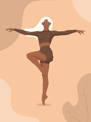 Dance Dancer Woman Fitness Pose – Dark Skin, White Hair, Brown Outfit, Orange Background – Vector Illustration. EPS