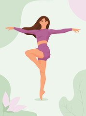 Dance Dancer Woman Fitness Pose – Brown Hair, Purple Outfit, Green Background – Vector Illustration. EPS