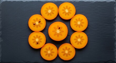 Fototapeta premium Geometric persimmon slices arrangement on textured slate surface creating visual contrast and organic elegance