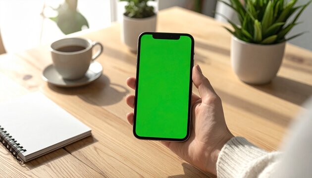 A person's hand holding a modern smartphone with a green screen display at a cozy sunlit desk, ideal for app mockups and digital compositing - Powered by Adobe