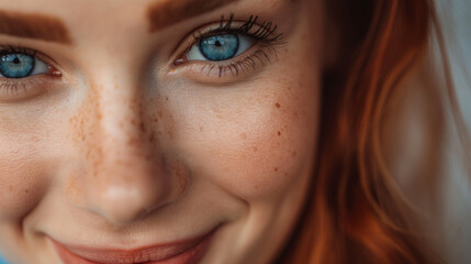 Um close-up de uma mulher com sardas